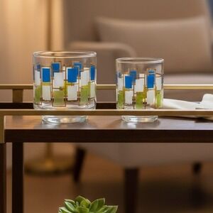 Vintage Libbey Nordic Glassware Set  MCM Blue Green Geometric Barware 1960s